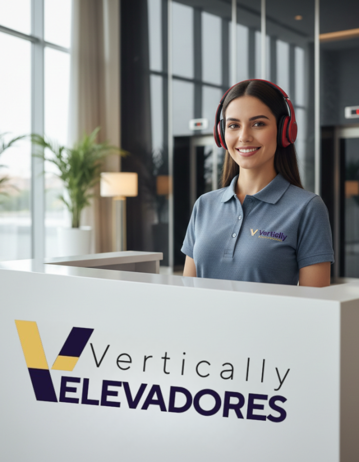 atendente com balcao e logo